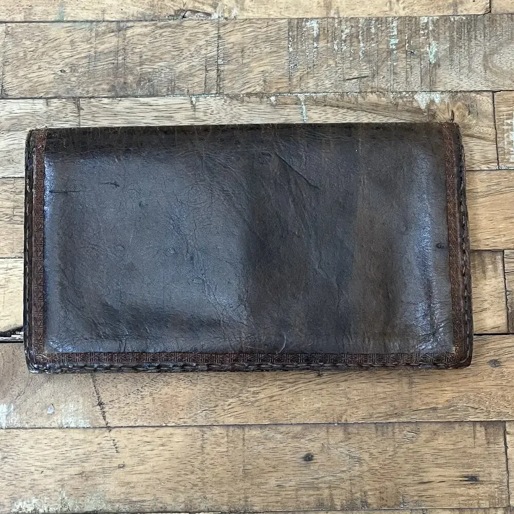 Vintage Genuine Leather Wallet Metal Clasp Closure & Hidden Pocket Tooled